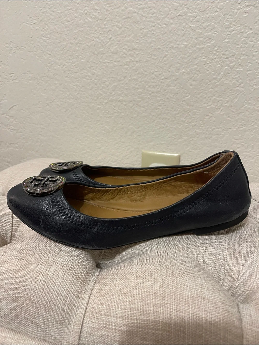 Tory Burch Navy Leather Logo Ballet Flats with Sparkle Medallions